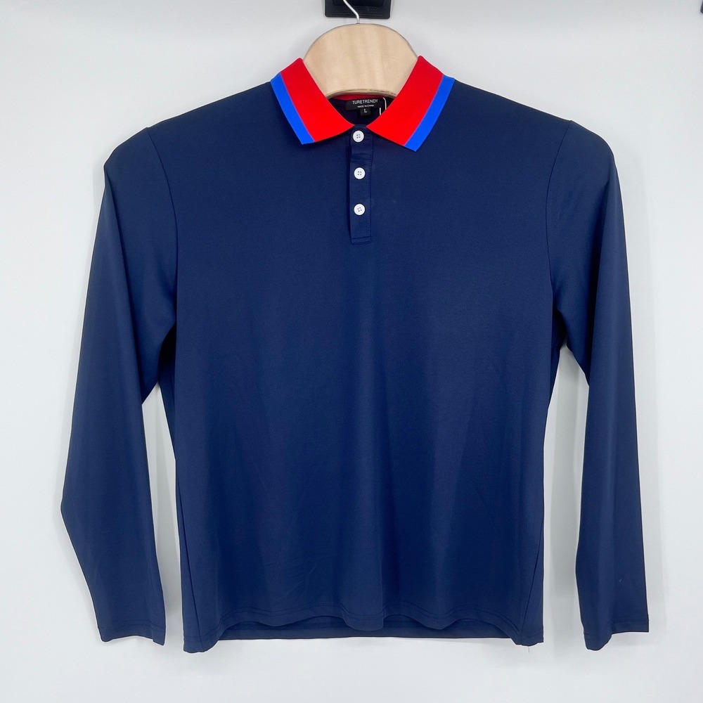 Turetrendy Polo Shirt Mens Large Navy Blue Long Sleeve Colorblock Collar Stretch